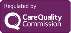 Purple rectangular logo with rounded corners displaying "Regulated by" at the top in white, and a large white "Q" symbol beside "CareQuality Commission" text below it.